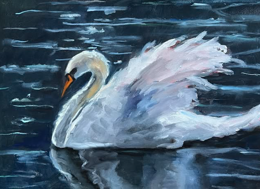 Painting of a white swan swimming in dark water with reflections.