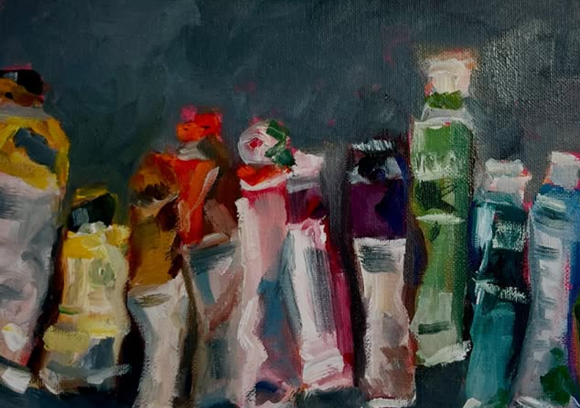 Oil painting of several colorful paint tubes on a dark background.