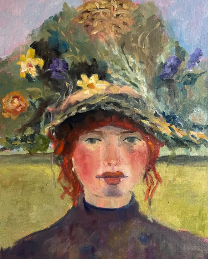 A portrait of a woman with red hair wearing a large, decorated hat with flowers and foliage, set against a muted background.