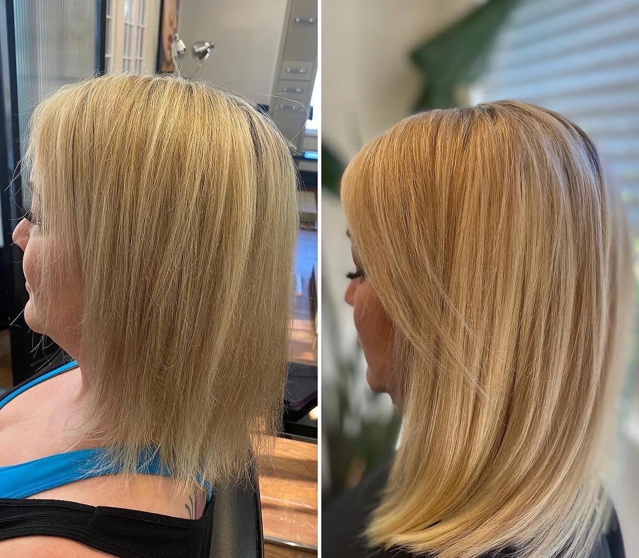 Before and after side by side: fine, thin shoulder-length blonde hair, then the same hair fuller with a blunt, even hemline after extensions