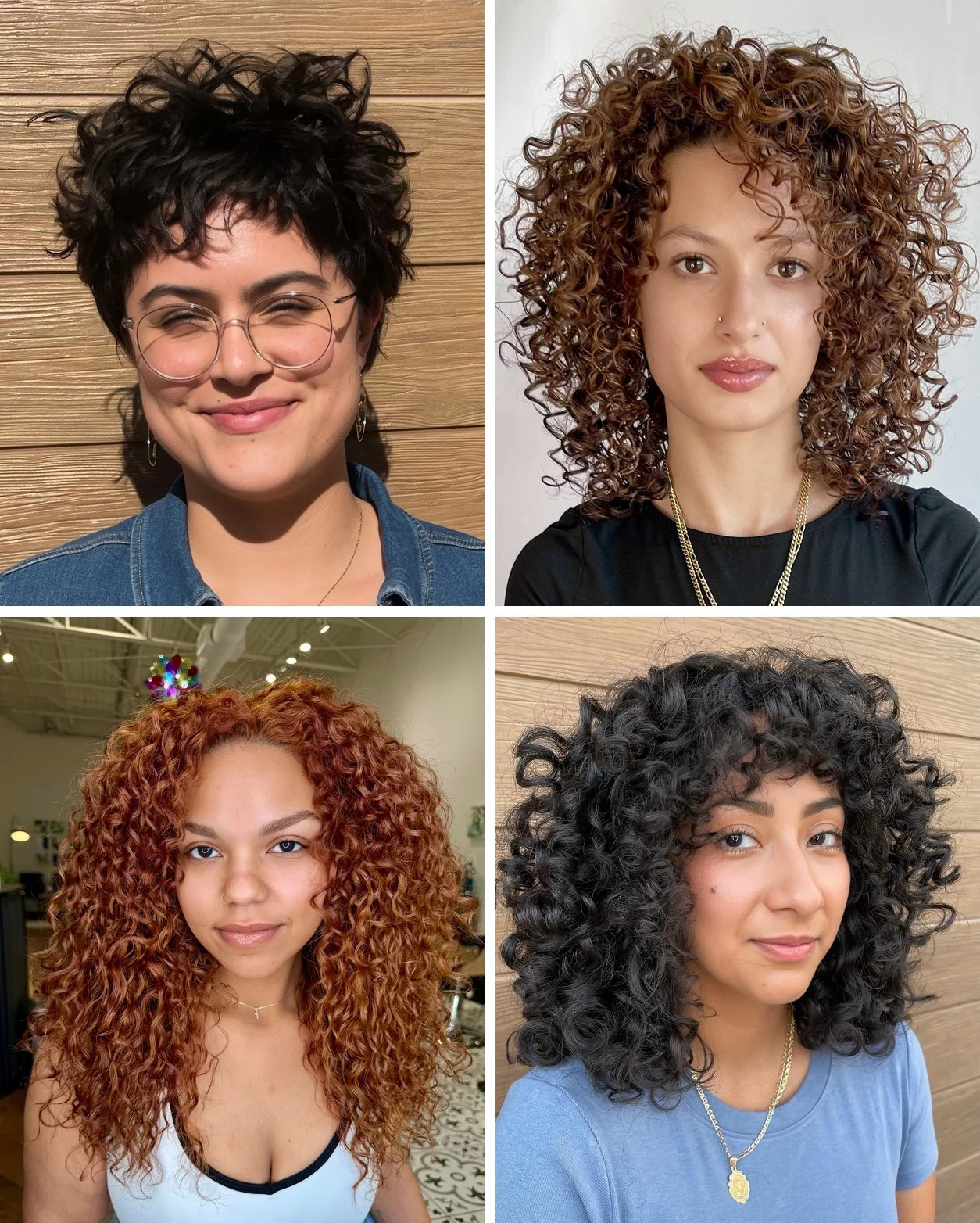 Three curly-hair transformations by Kaycee Clark showing blonde, copper, and brunette curls