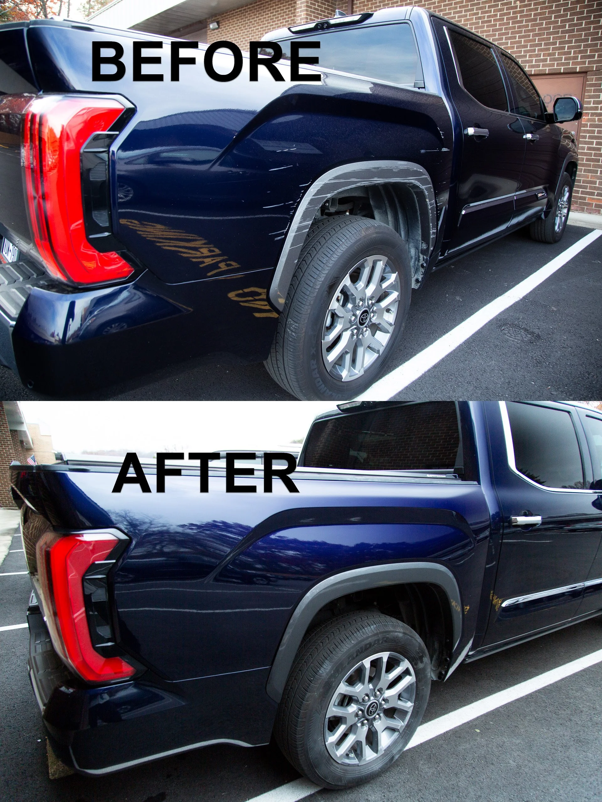 Comparison photo of a dark blue pickup truck before and after being repaired. The top image shows damage and scratches on the rear quarter panel, while the bottom image shows a smooth, repaired surface.