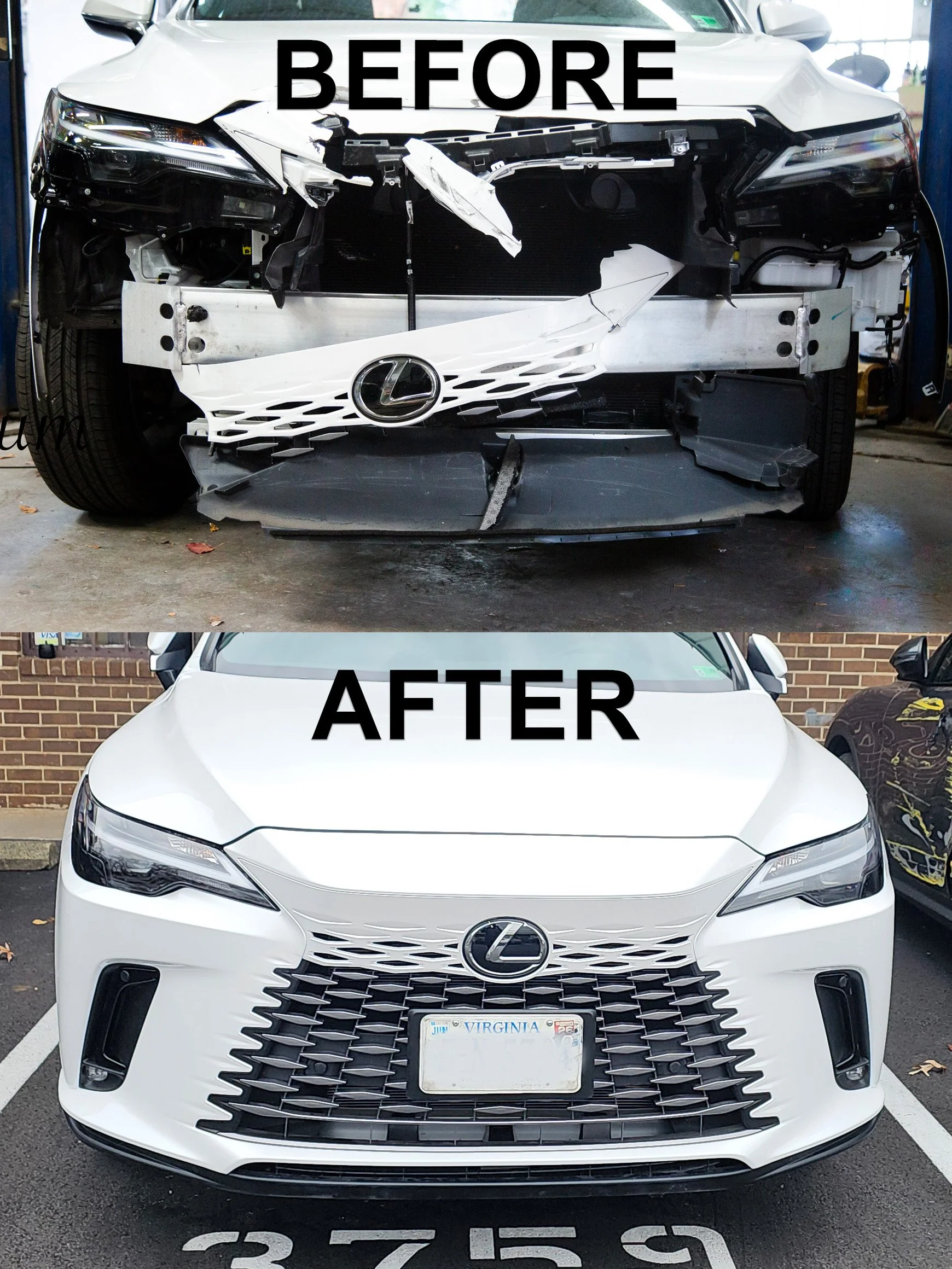 Comparison of a damaged white Lexus car front end before and after repair, showing the vehicle's grille, headlights, and bumper.