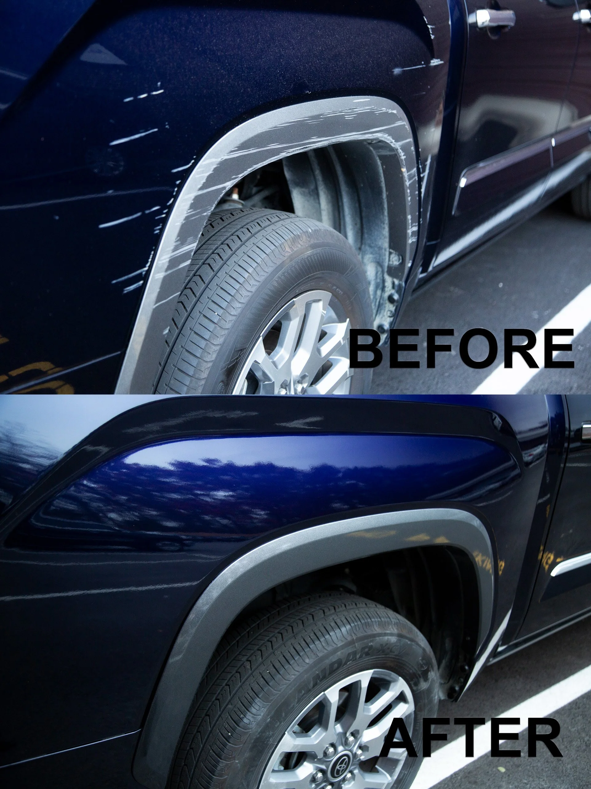 Comparison of a vehicle's front left wheel area before and after dent repair. The before image shows scratched paint and dented fender, while the after image shows a smooth, repaired fender and clean paint.