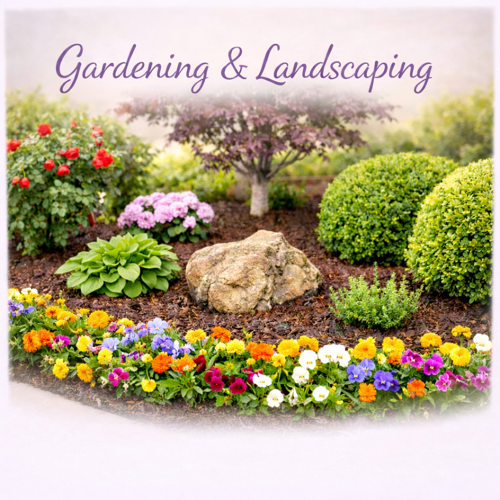 A colorful garden bed with blooming flowers, including pansies, marigolds, and other flowers, mulch, surrounded by green shrubs and a large rock, with the words "Gardening & Landscaping" written at the top.