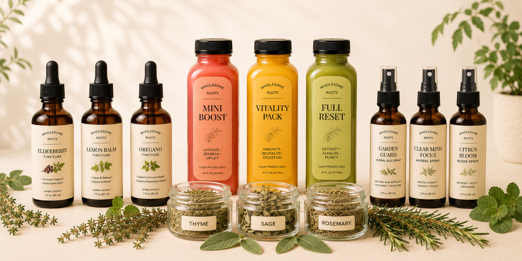 Herbal supplement bottles labeled Elderberry Tincture, Lemon Balm Tincture, Oregano Tincture, Mini Boost, Vitality Pack, Full Reset, Garden Guard, Clear Mind Focus, Citrus Bloom Room Spray, small jars of thyme, sage, and rosemary herbs, and green leafy plants surrounding the products.