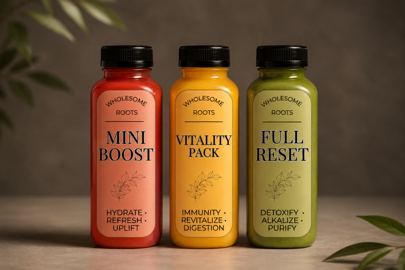 Three bottles of health supplements labeled Wholesome Roots with different functions: Mini Boost (red), Vitality Pack (yellow), Full Reset (green).