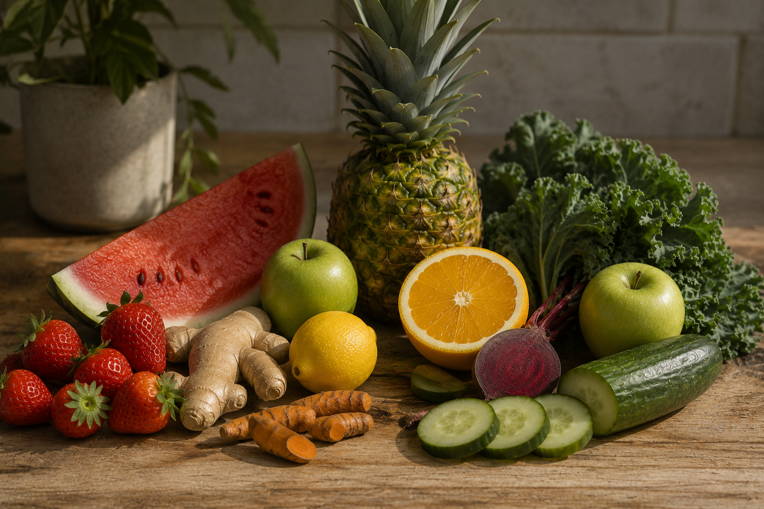 An assortment of fresh fruits and vegetables on a wooden surface, including a large slice of watermelon, a pineapple, green apples, a lemon, an orange, strawberries, ginger, turmeric, cucumber, a beetroot, and leafy greens, with a potted plant in the background.