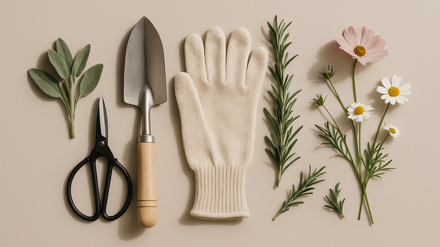 Gardening tools including small pruning scissors, trowel, a gardening glove, along with herbs such as sprigs of sage, rosemary, and pink and white flowers on a beige background.
