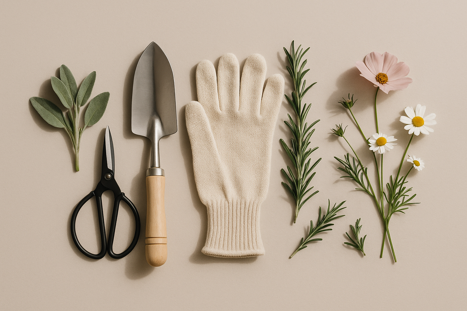 Garden tools and flowers on a light background. Green leaves, gardening scissors, trowel, white gardening glove, sprigs of rosemary, pink and white daisy flowers.