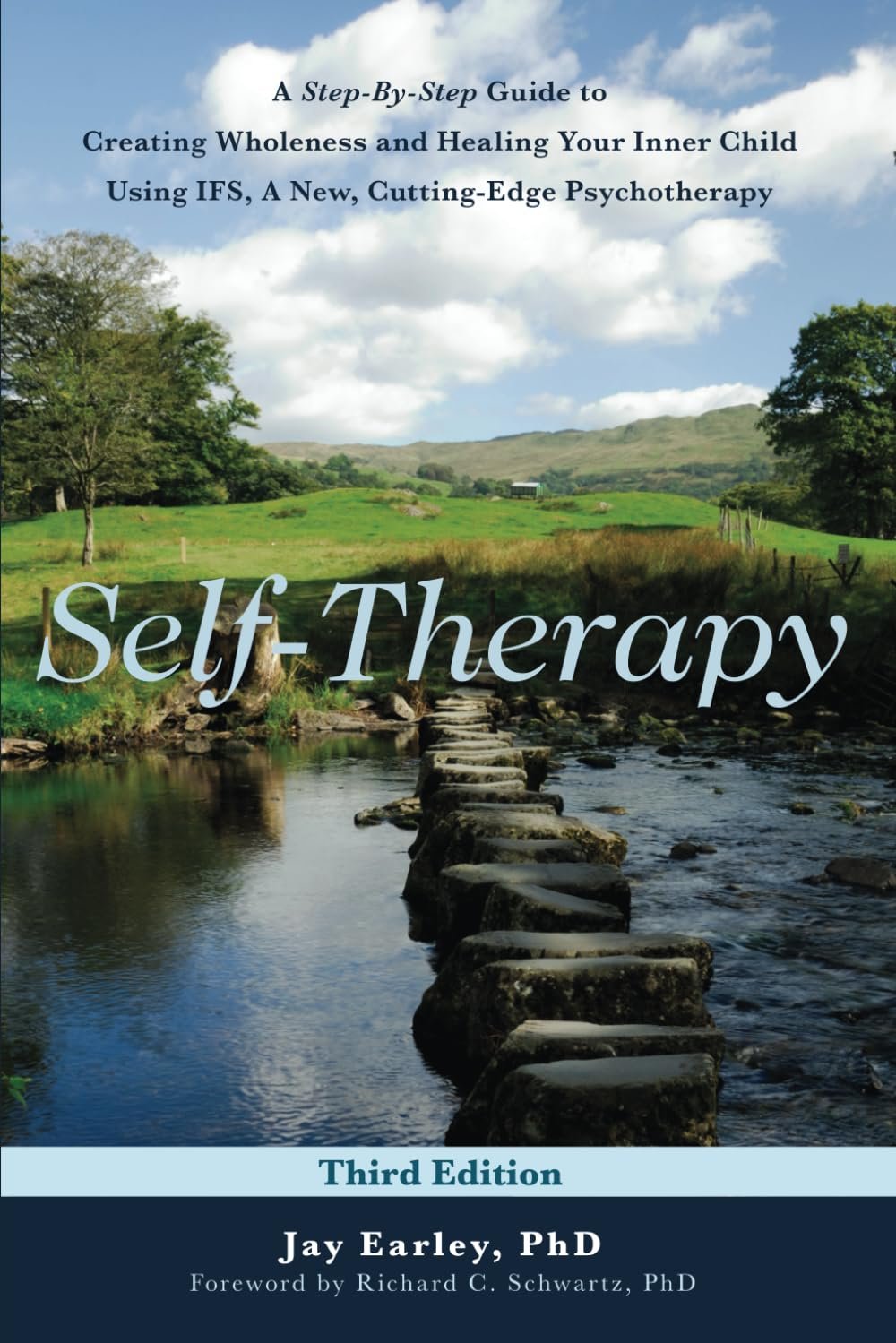 A book cover titled "Self-Therapy" with a scenic landscape of a river, stone path, green hills, trees, and a cloudy sky.
