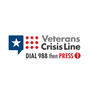 Veterans Crisis Line logo with a blue star, red dots, and text for crisis support, instructing to dial 988 then press 1.
