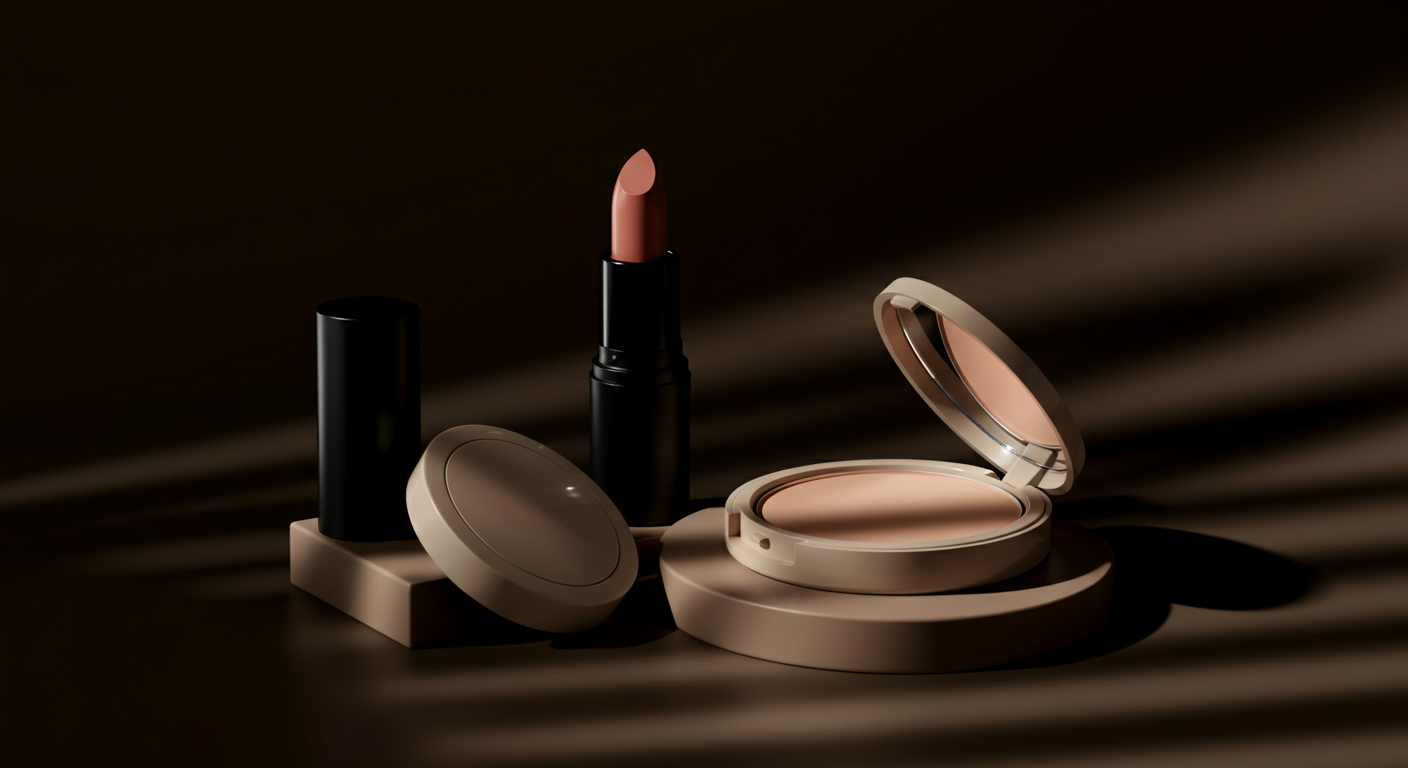 A collection of makeup products including a beige lipstick, a beige compact powder, and a beige pressed powder case, arranged on a dark surface with directional lighting creating shadows.