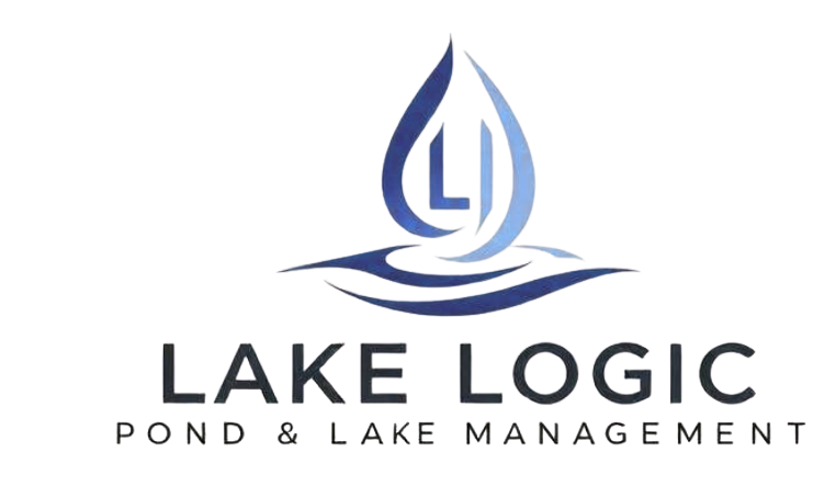 Logo for Lake Logic Pond & Lake Management featuring a stylized water droplet with a sailboat inside, and the company name below.
