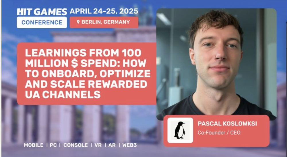 Event poster for HIT GAMES conference in Berlin, Germany, on April 24-25, 2025, featuring a presentation on user acquisition channels, with a photo of Pascal Koslowski, Co-Founder and CEO, and his contact information.