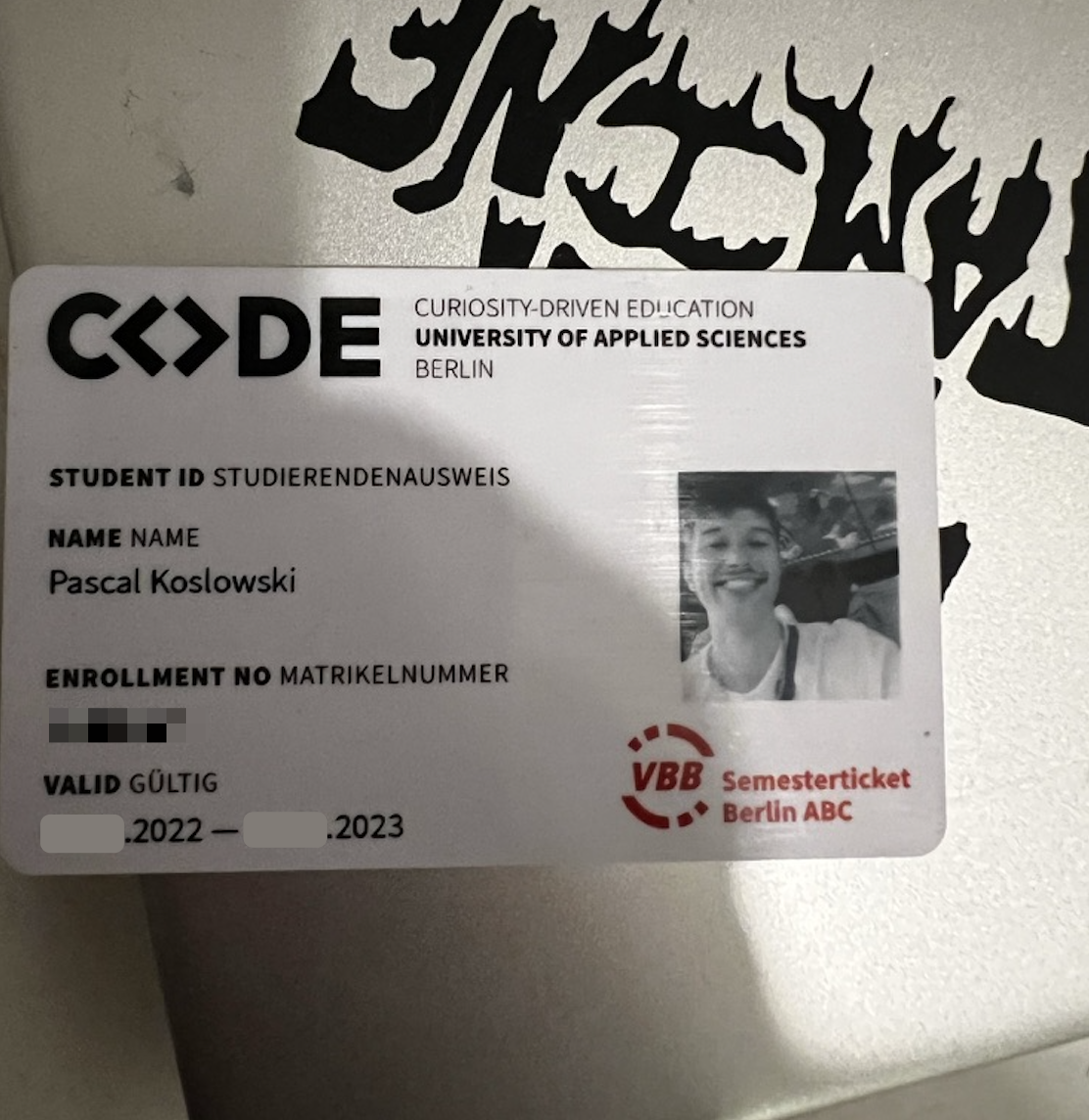 Student ID card from the University of Applied Sciences Berlin, with the name Pascal Koslowski and a photo of a smiling person.