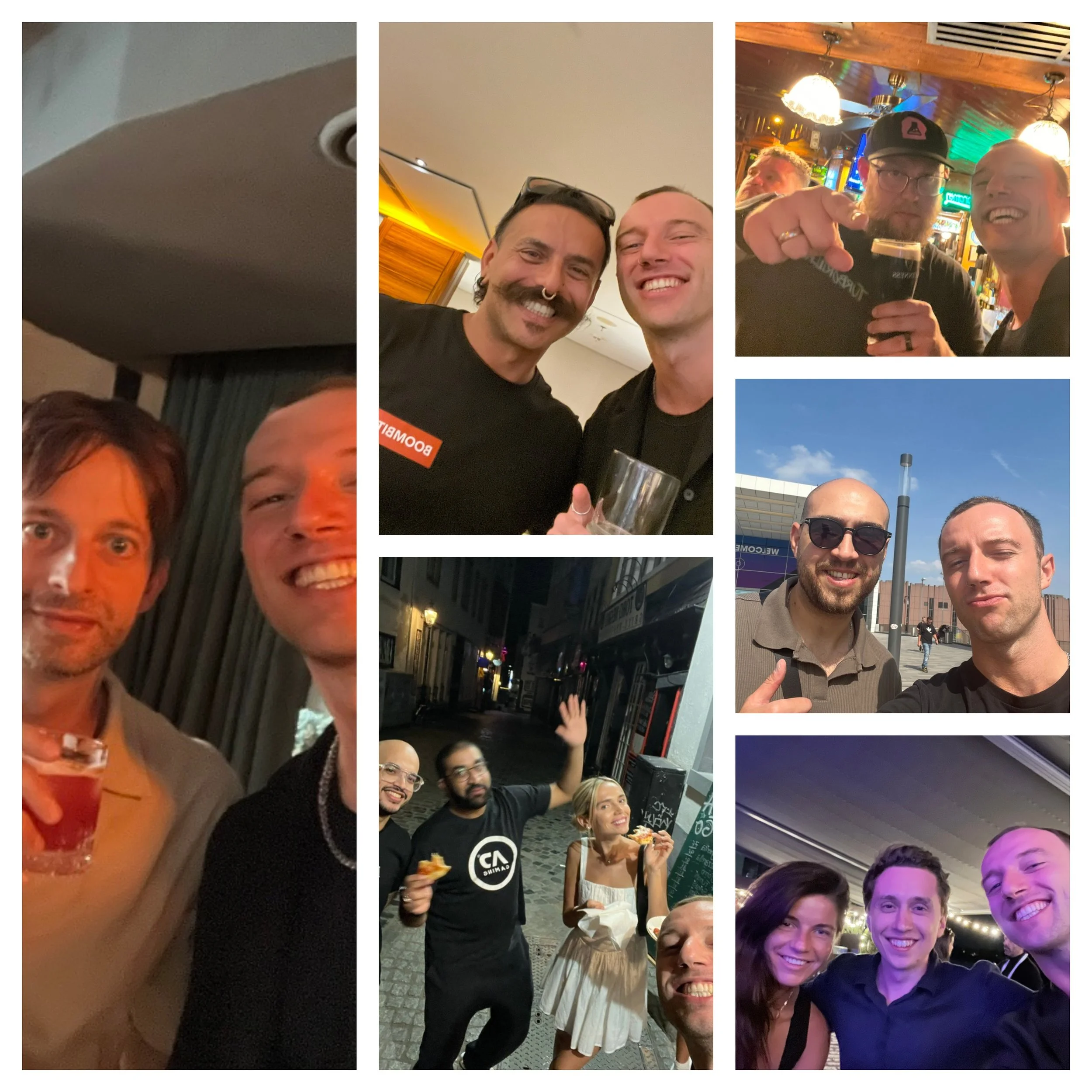 Collage of photos featuring people enjoying social activities, including drinking, eating pizza, and taking selfies at various indoor and outdoor settings.