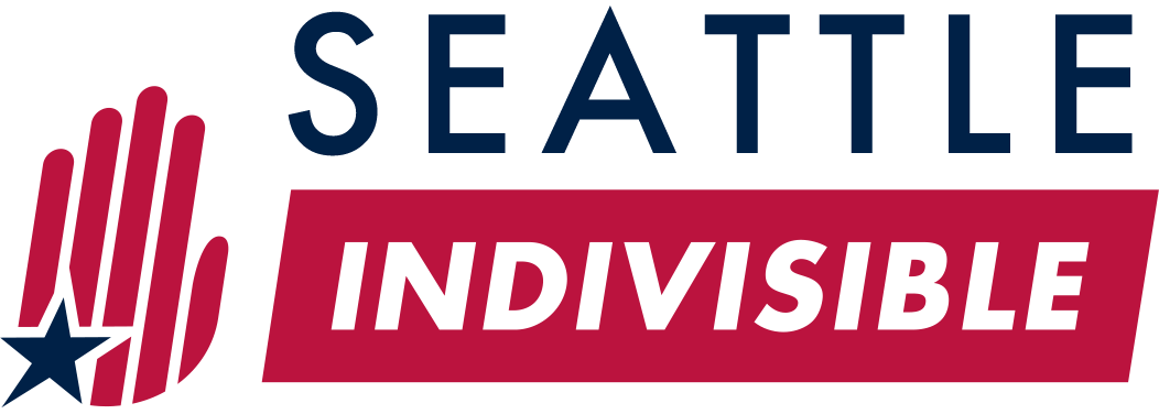 Logo of Seattle Indivisible featuring a stylized hand with a star and text in navy blue, white, and red.