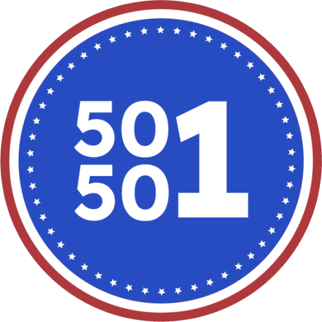 A circular logo with a blue background, red and white border, with the numbers '50/50' and '1' inside.