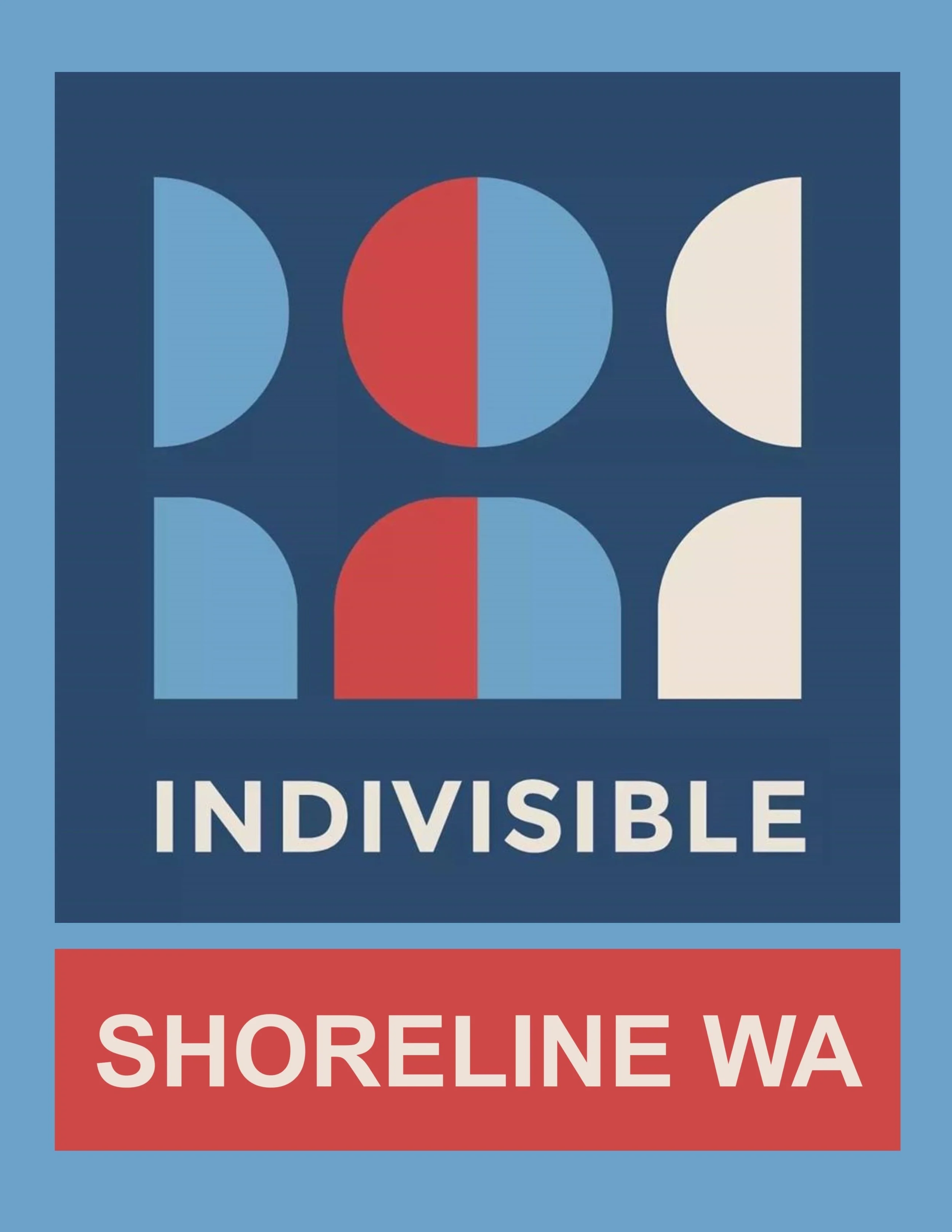 Logo with the words "Indivisible" and "Shoreline WA," featuring a design with circles and semi-circles in red, white, light blue, and dark blue colors.