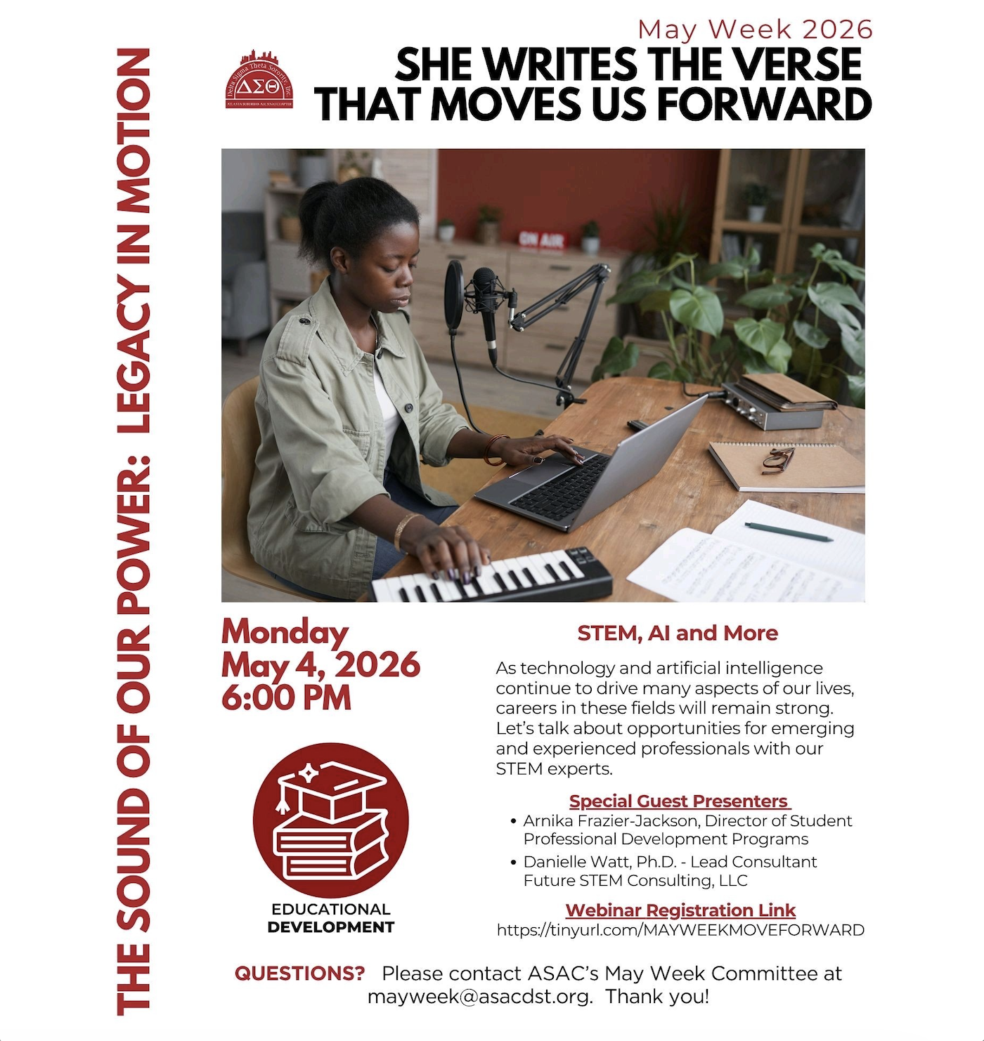 A poster for a May Week 2026 event titled "She Writes the Verse That Moves Us Forward" featuring a woman recording music at a workstation with a laptop, microphone, and keyboard. The event is scheduled for Monday, May 4, 2026, at 6:00 PM, focusing on STEM, AI, and more, with notable guest presenters and a registration link.