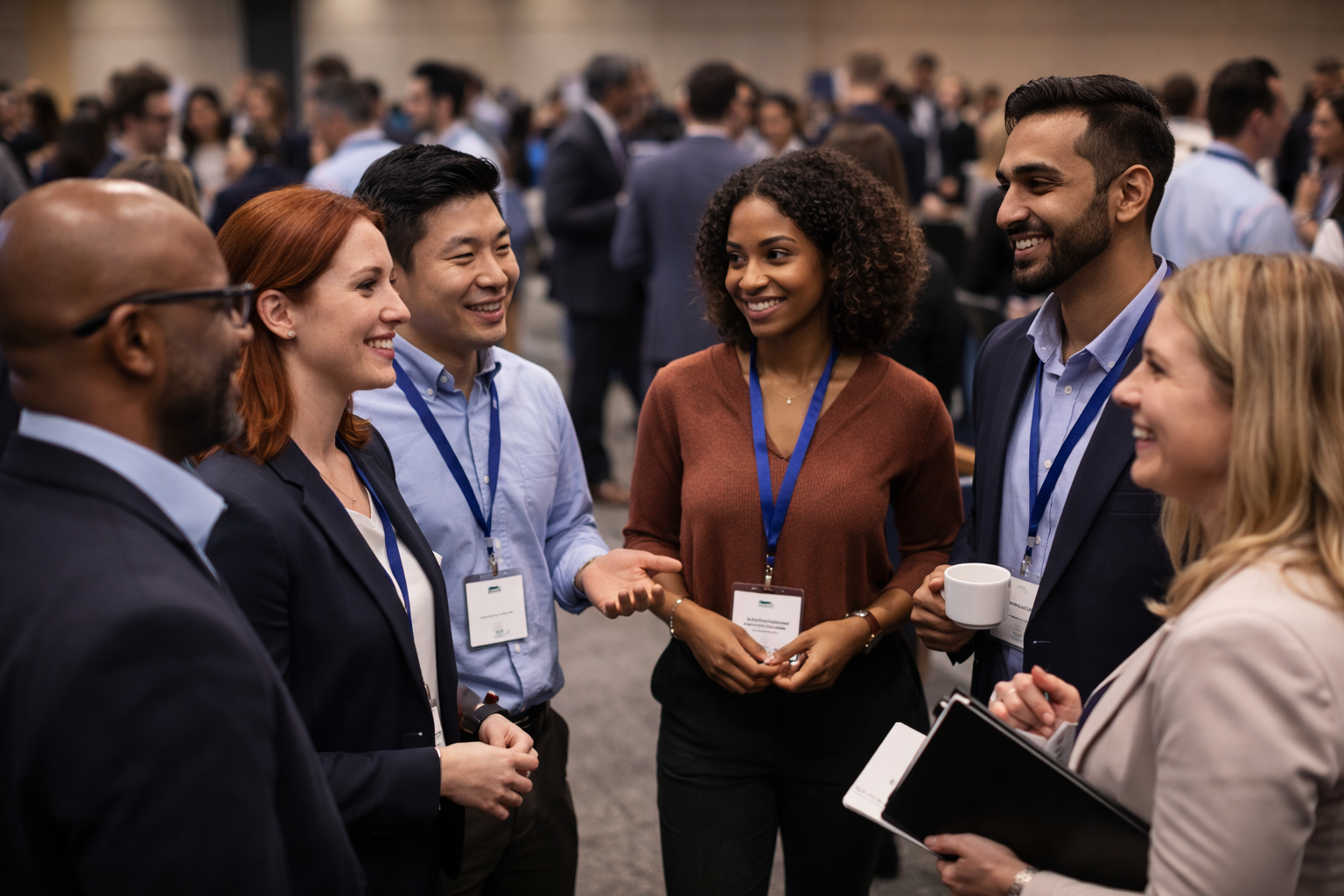 ChatGPT created image of people chatting at a conference