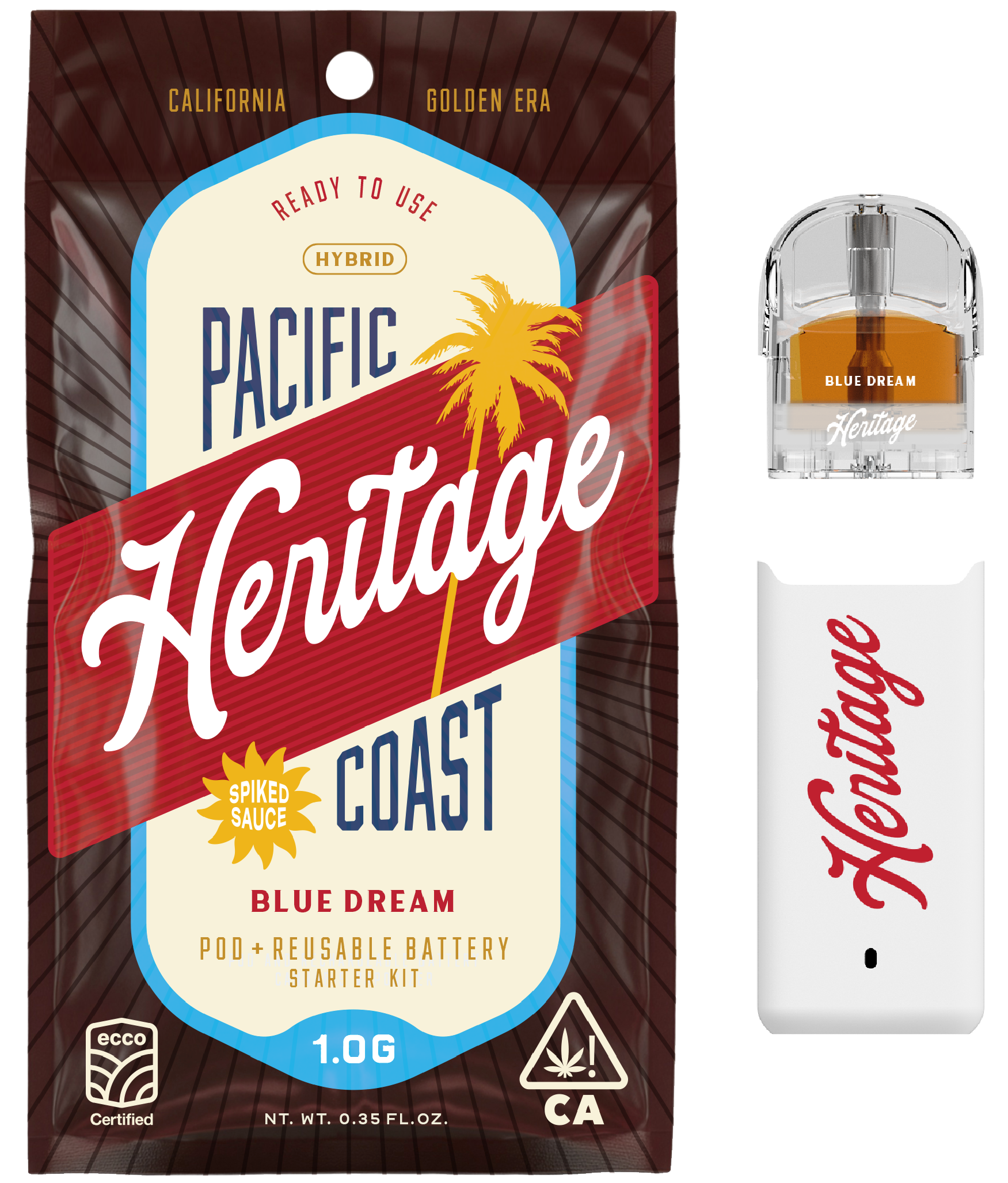 Pacific Coast Heritage Blue Dream Spiked Sauce California Cannabis Vaporizer Pod and Reusable and Rechargeable Battery