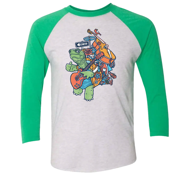 TxR Baseball Tee, heather white with green sleeves