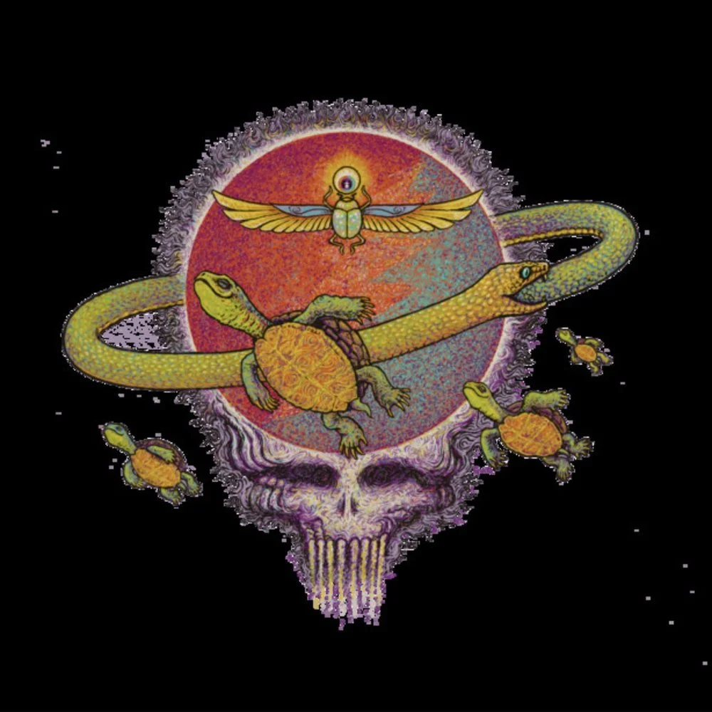 Terrapin Crossroads Podcast show art: terrapins circling a stealie under a golden sun