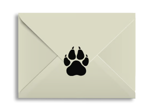 A white envelope with a black paw print stamp.