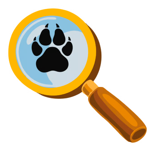 Magnifying glass with a paw print inside, indicating a detective cat book.