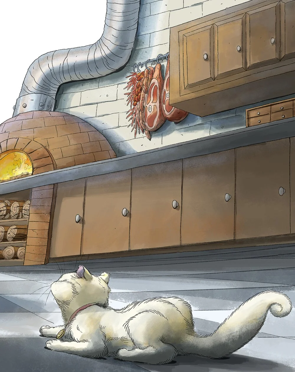 Salz the cat is lying on the kitchen floor looking up at hanging meats on a hook near a brick oven in a cozy kitchen.