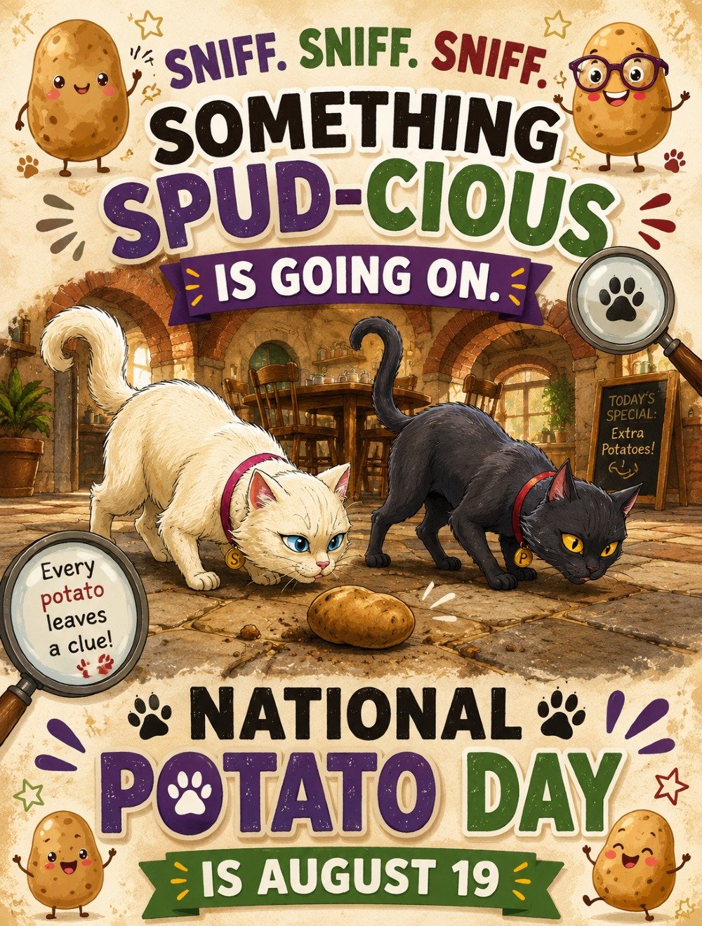 Happy **National Potato Day!** 🥔🔎

Salz &amp; Peppa are on the case because apparently even a potato can look suspicious when you&rsquo;re a detective. 😂

Sniff, sniff, sniff...

**Something SPUD-CIOUS is going on.** 🥔👀

Will our fearless feline