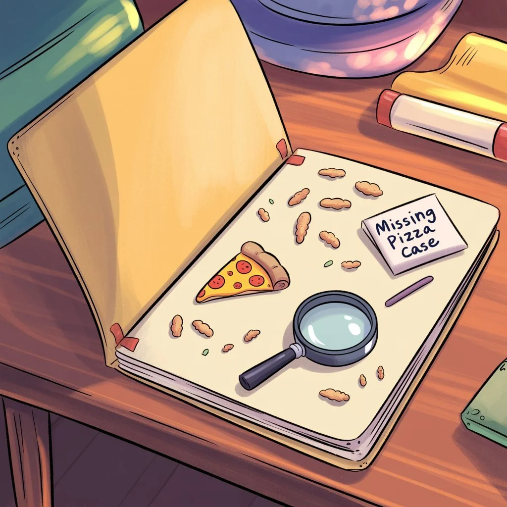 🕵️ Case File #001: The Curious Pizza Crumbs 🍕🔍

Every great detective knows that even the smallest clue can solve the biggest mystery.

A trail of pizza crust crumbs...
A mysterious magnifying glass...
A missing slice...

Sounds like a job