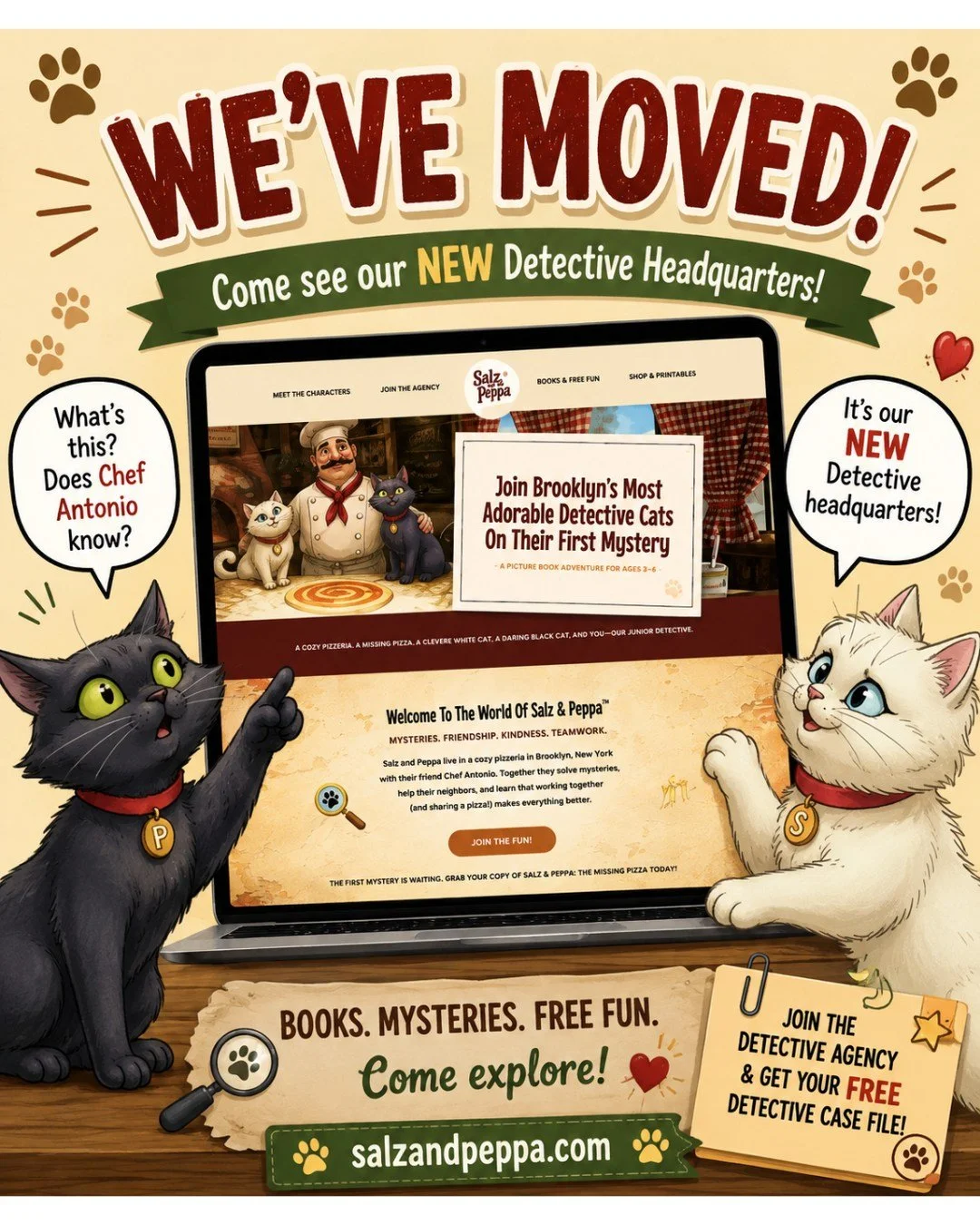 🐾 **WE&rsquo;VE MOVED!** 🐾

Salz &amp; Peppa have a brand-new Detective Headquarters, and you&rsquo;re invited to come explore! 🔎🍕

Meet the characters, peek inside *Salz &amp; Peppa: The Missing Pizza*, join the Detective Agency, and grab your *