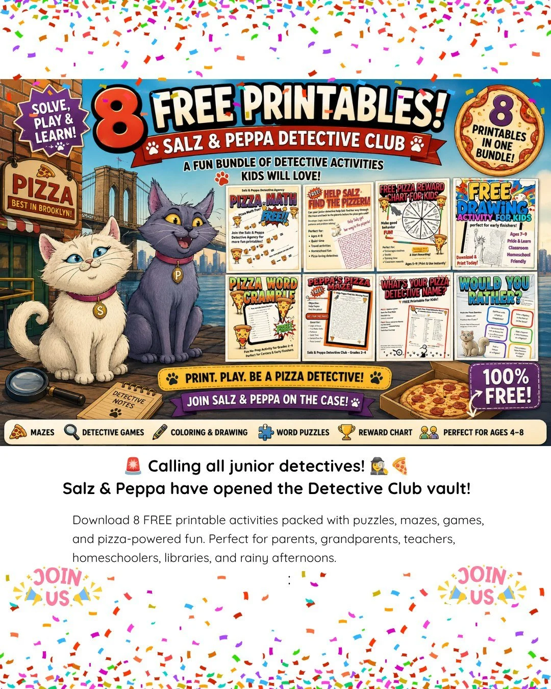 🍕 Can your child solve the Missing Pizza mystery?

The FREE Salz &amp; Peppa Detective Activity Bundle is packed with 8 printable activities that keep young detectives learning, laughing, and solving mysteries!

Inside, you'll find puzzles, game