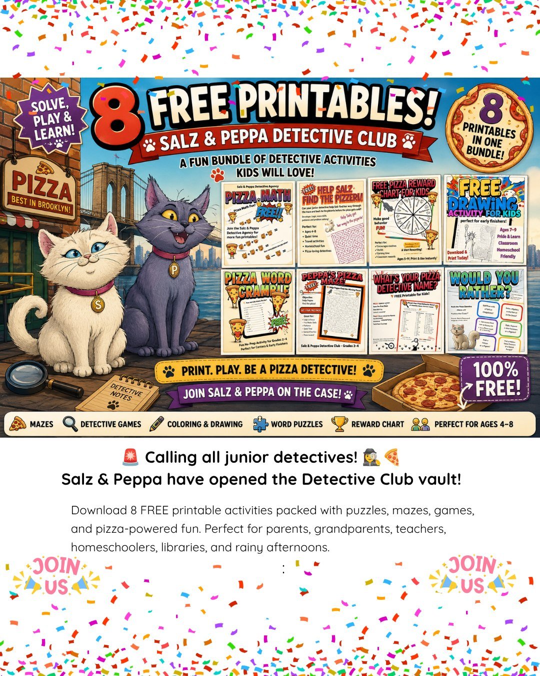 🍕 Can your child solve the Missing Pizza mystery?

The FREE Salz &amp; Peppa Detective Activity Bundle is packed with 8 printable activities that keep young detectives learning, laughing, and solving mysteries!

Inside, you'll find puzzles, game