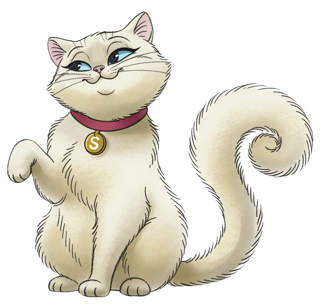 Salz is a cream-colored cat with blue eyes, wearing a red collar with a gold 'S' charm, sitting with a proud expression and a curled tail.