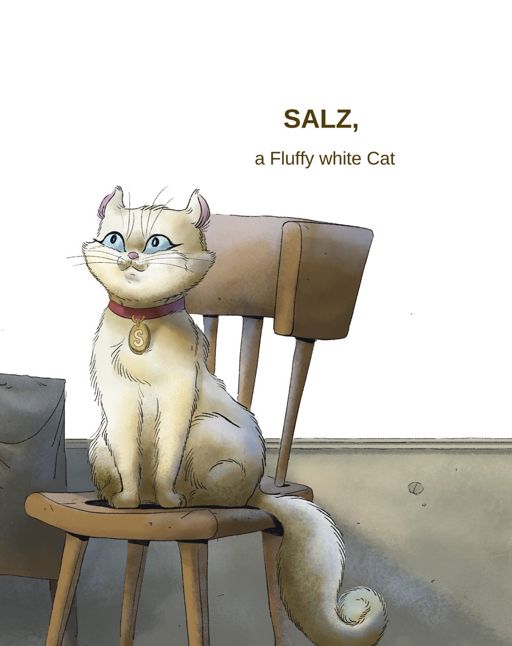 Illustration of a fluffy white cat named Salz sitting on a wooden stool next to a chair, wearing a collar with a gold medallion shaped like the letter 'S', with a book or paper in the background.