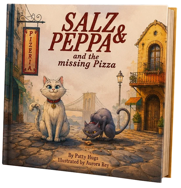 Children's book titled 'Salz & Peppa and the missing Pizza,' shows an illustrated city street scene with a cat and a sly gray mouse near a pizza sign.
