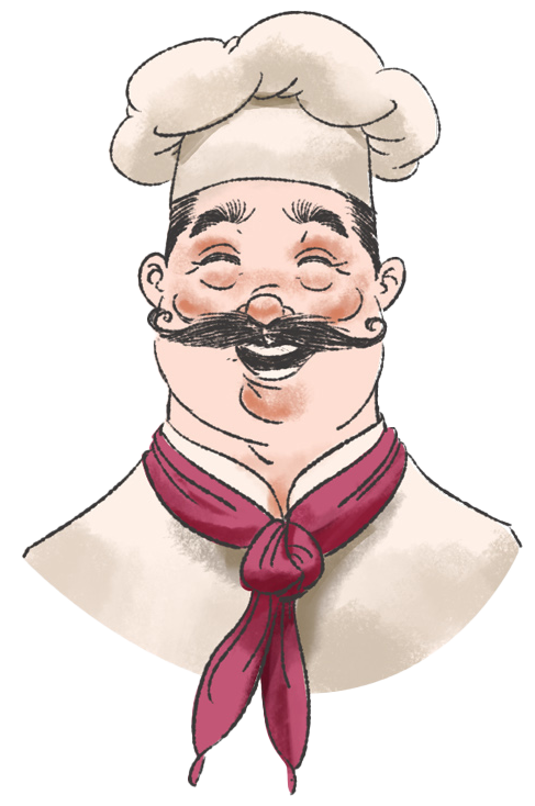 Chef Antonio has a white chef hat, a big mustache, and a joyful expression, wearing a white coat and a red neckerchief.