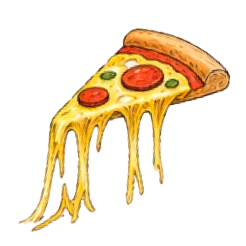 Cartoon pizza slice with pepperoni, green peppers, and melted cheese dripping.