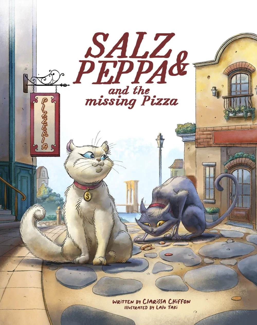 Book cover of 'Salt Peppa & the Missing Pizza' featuring two cats named Salz and Peppa on a cobblestone street.