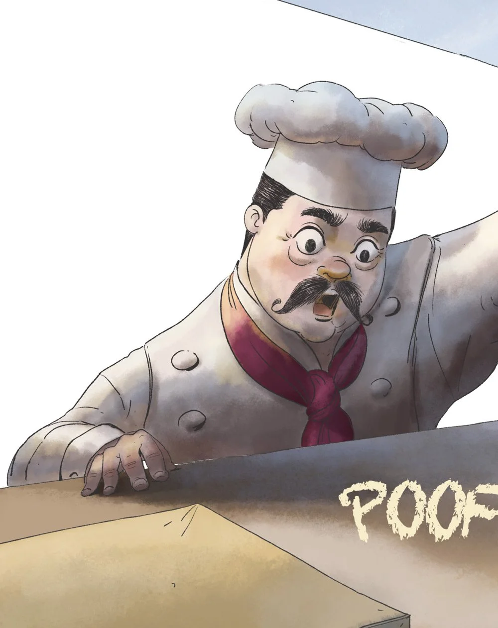 Chef Antonio has a surprised expression, wearing a chef's hat, a gray chef's coat, and a red neckerchief, leaning over a surface with the word 'POOF' written on it.