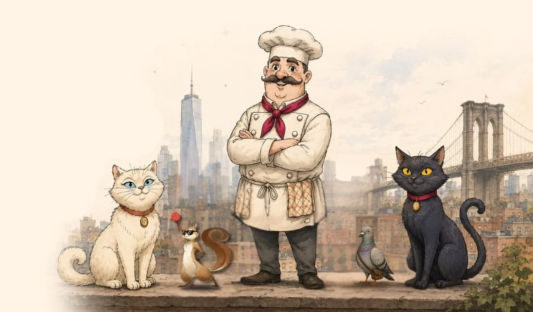 Chef Antonio with crossed arms standing with Salz the cat, Vinny, a pidgeon, and Peppa the cat, with a New York City skyline and Brooklyn Bridge in the background.