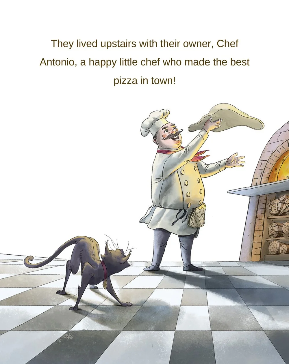 Chef Antonio is a cheerful chef tossing pizza dough in a kitchen with a cat watching nearby.