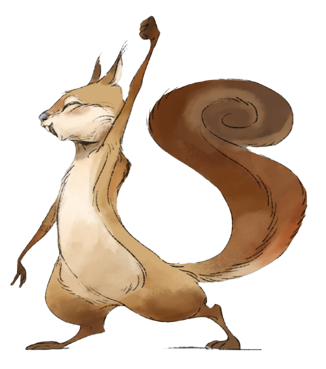 Vinny is a squirrel standing on two legs with its eyes closed and arms raised.