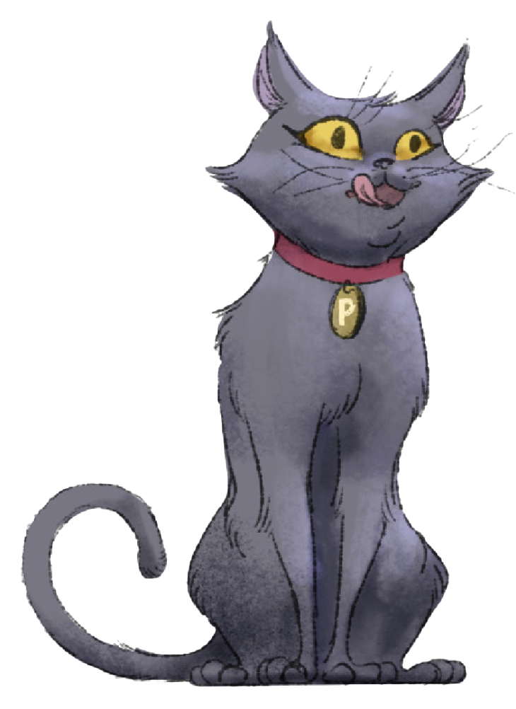 Peppa is a gray cat with yellow eyes, wearing a pink collar with a gold tag labeled 'P', sticking out its tongue.
