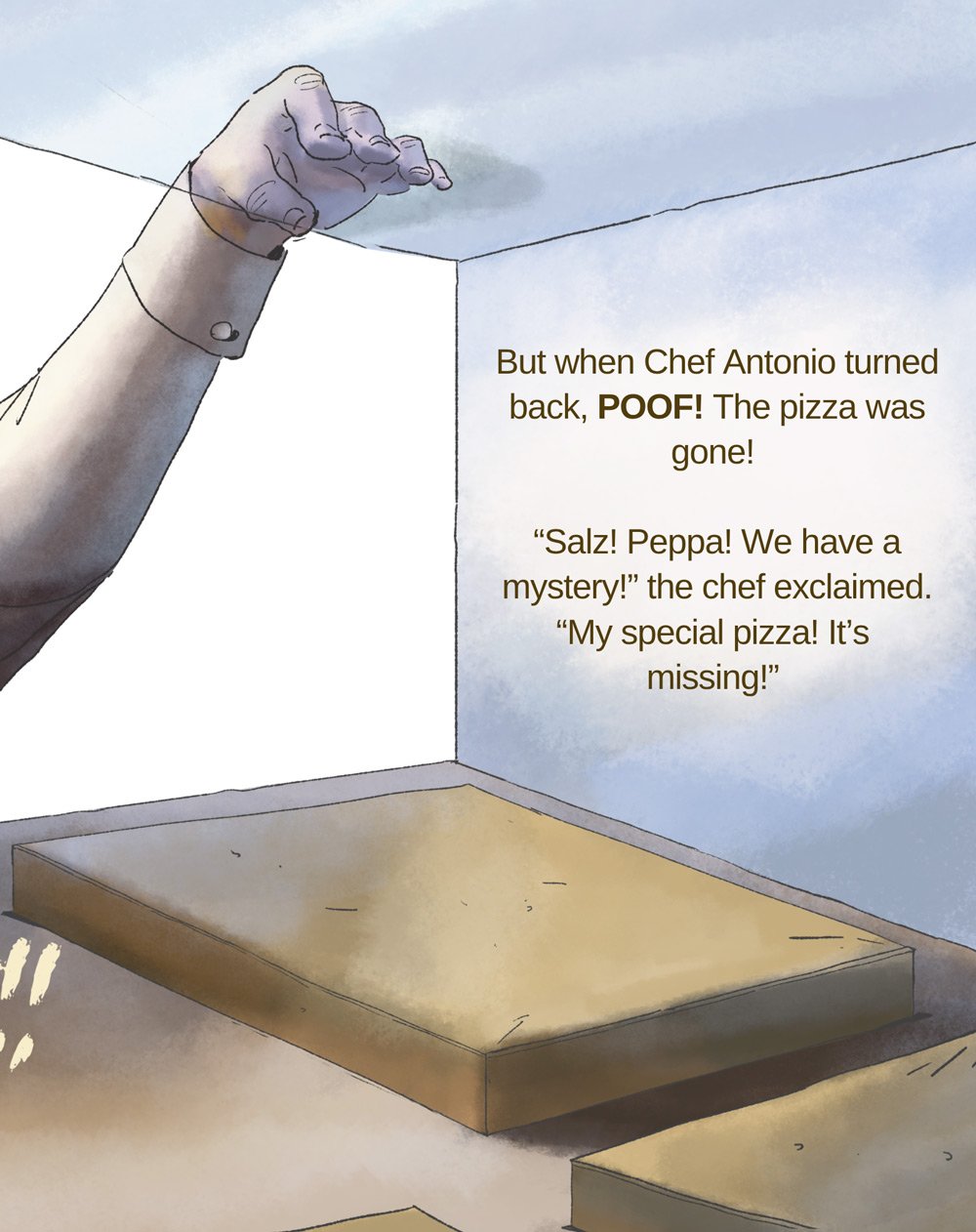 A hand reaching over a table, with a text box describing a story about a pizza that disappeared, leading to a mystery involving Chef Antonio, Salz, and Peppa.