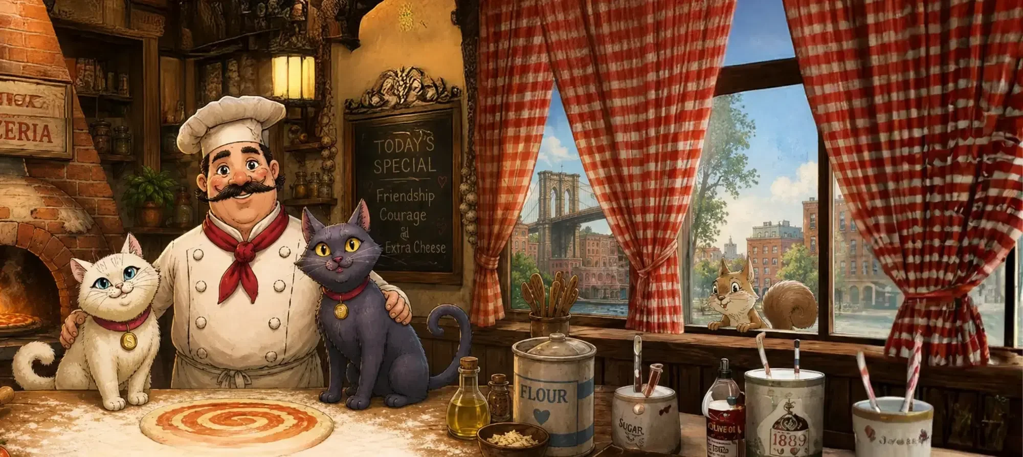 Chef Antonio stands in his pizzeria with two cats, Salz & Peppa. Salz is a white cat with blue eyes, and Peppa is a gray cat with yellow eyes and is licking its nose. Outside the window, a cityscape with the Brooklyn bridge is visible.